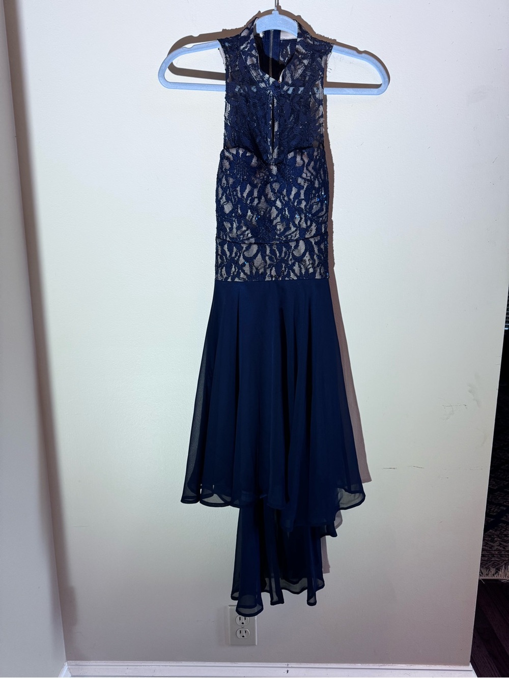 Speechless Navy Lace High-Low Evening Gown